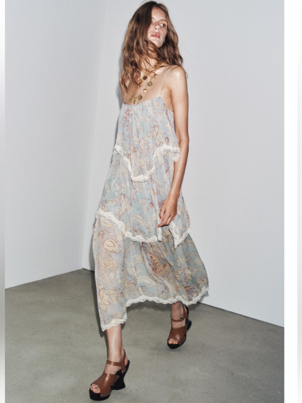 Zara Light Blue Floral Tiered Slip Dress with Lace, M